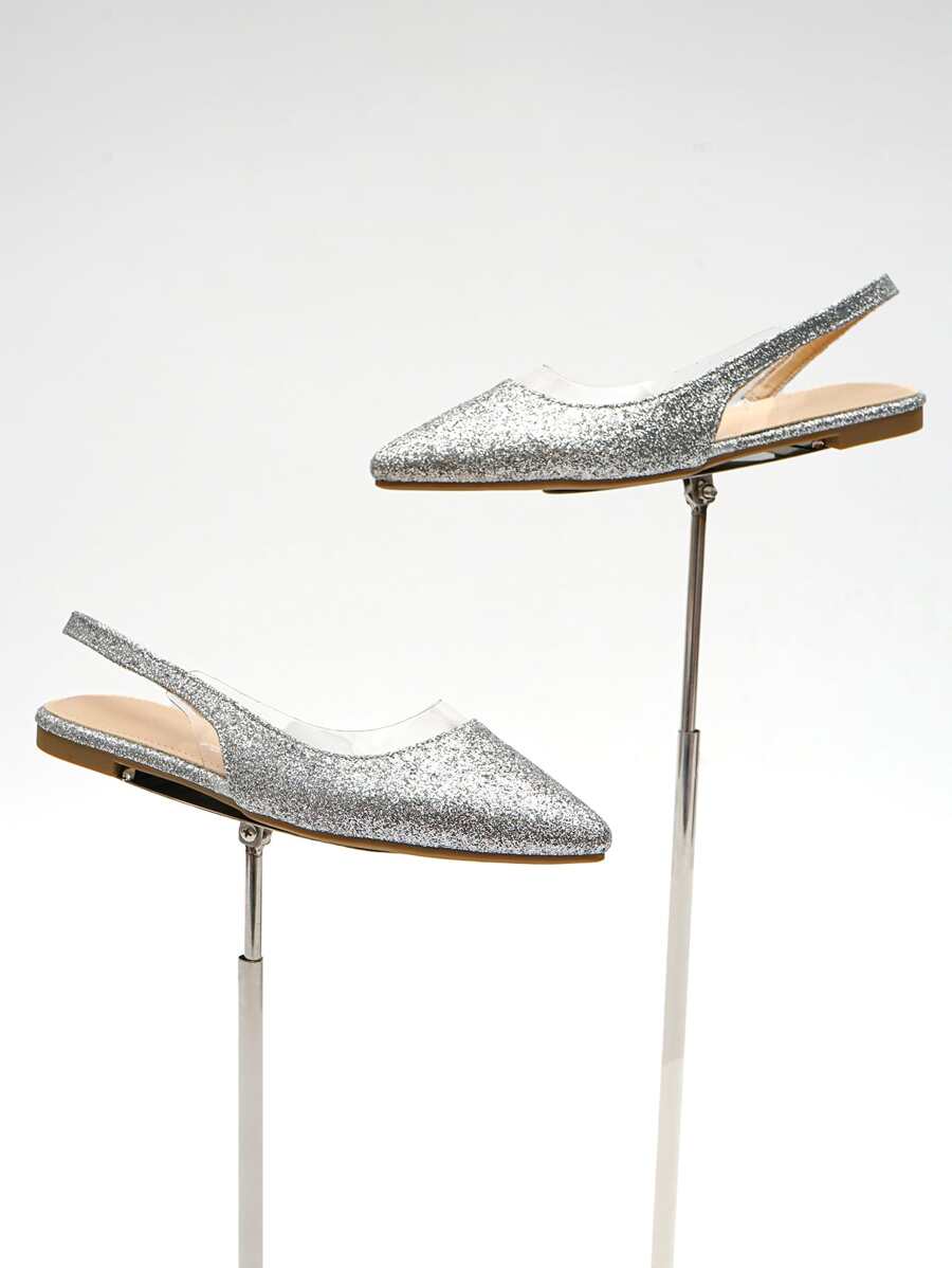 Glitter Point Toe Slingback Flats - Silver - View 1
