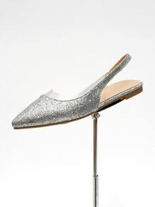 Glitter Point Toe Slingback Flats - Silver - View 2