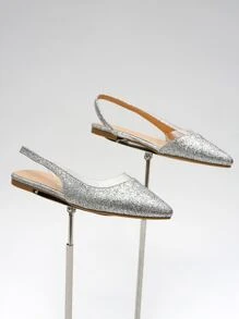 Glitter Point Toe Slingback Flats - Silver - View 3