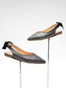 Glitter Bow Decor Point Toe Slingback Flats - Black - View 1