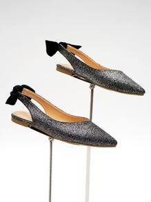 Glitter Bow Decor Point Toe Slingback Flats - Black - View 2