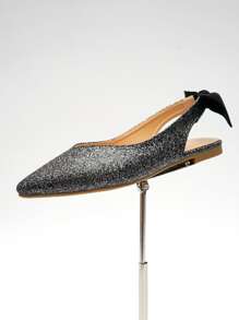 Glitter Bow Decor Point Toe Slingback Flats - Black - View 3