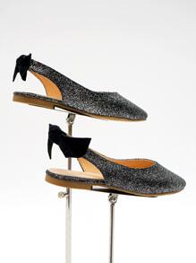 Glitter Bow Decor Point Toe Slingback Flats - Black - View 4