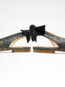 Glitter Bow Decor Point Toe Slingback Flats - Black - View 5