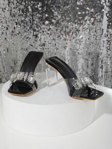 Jewelled Decor Clear Strap Mule Sandals - Black - View 5