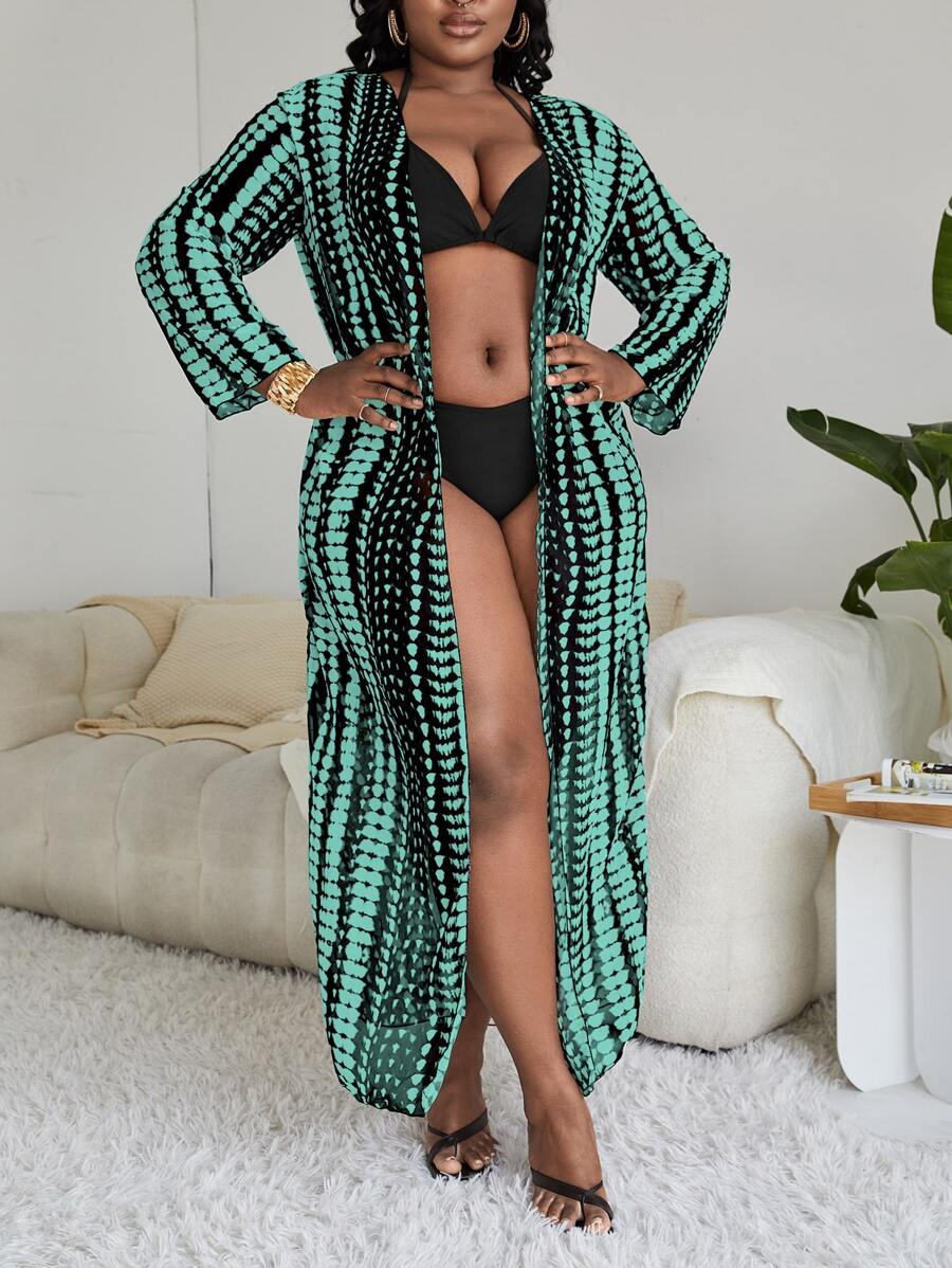 Kimono con teñido anudado sin conjunto de lencería, para verano y vacaciones en la playa - Verde - Ver 1