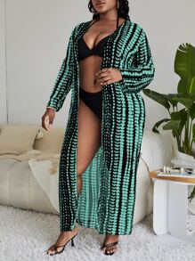 Kimono con teñido anudado sin conjunto de lencería, para verano y vacaciones en la playa - Verde - Ver 7