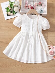 Toddler Girls Puff Sleeve Button Front Dress - White - View 1