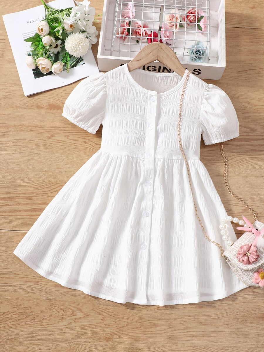 Toddler Girls Puff Sleeve Button Front Dress - White - View 1