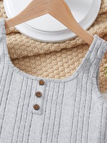 SHEIN 青少年女孩假鈕扣背心上衣和腰上打結短褲 - 淺灰色 - 查看 4