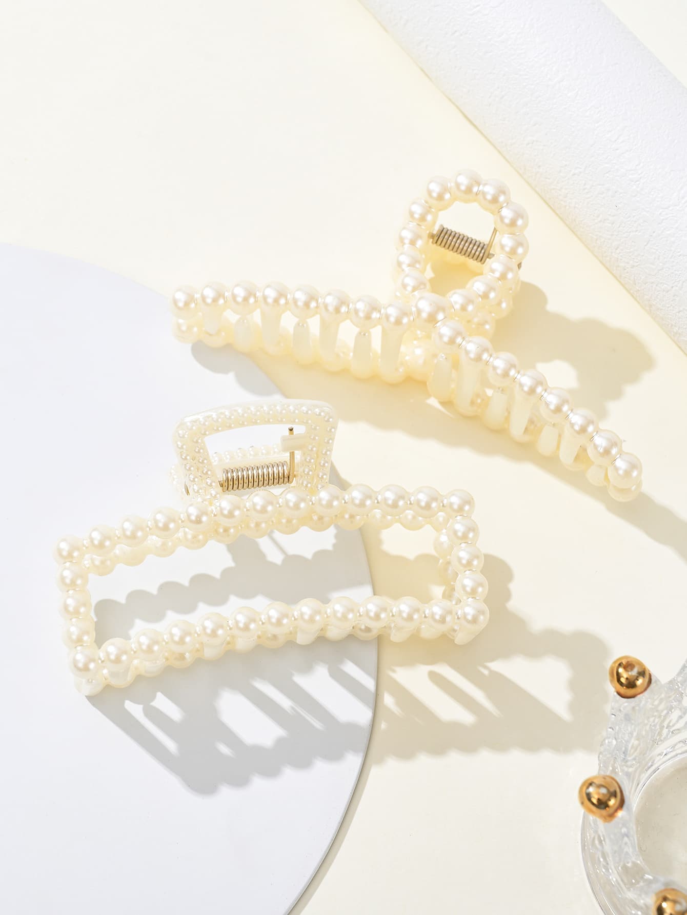 2pcs Faux Pearl Decor Hair Claw For Thick Hair White Hair Clips For Wedding Nonslip Jaw Clips Hair Styling Gift Hair Accessories For Women And Girls Elegant Tiaras Summer, School Stuff, College Fall Winter Claw Clip For Vacation Outfits Woman Beach Holiday Essential - Beige - View 1