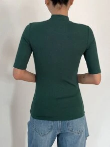 DAZY Mock Neck Ribbed Knit Tee - Dark Green - View 2