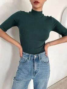 DAZY Mock Neck Ribbed Knit Tee - Dark Green - View 3