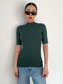 DAZY Mock Neck Ribbed Knit Tee - Dark Green - View 4