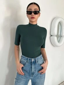 DAZY Mock Neck Ribbed Knit Tee - Dark Green - View 5