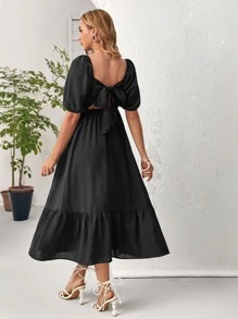 SHEIN Maternidad Vestido de manga farol de espalda abierta con cordón bajo con fruncido - Negro - Ver 2