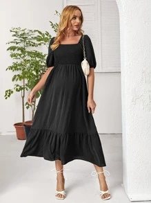 SHEIN Maternidad Vestido de manga farol de espalda abierta con cordón bajo con fruncido - Negro - Ver 1
