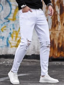 Manfinity Hombres Jeans ajustados desgarro crudo - Blanco - Ver 7