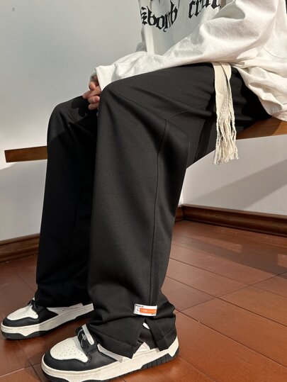 Guys Letter Patched Detail Slit Hem Drawstring Waist Sweatpants