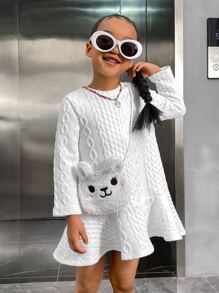 SHEIN Toddler Girls Cable Knit Ruffle Hem Smock Dress With Bag - White - View 1