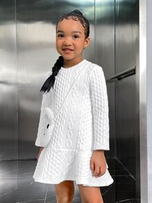 SHEIN Toddler Girls Cable Knit Ruffle Hem Smock Dress With Bag - White - View 5