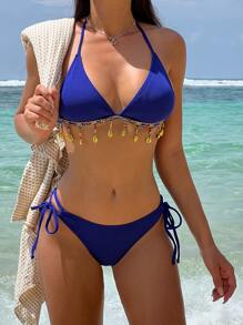 Beaded Decor Halter Triangle Summer Beach Bikini Set - Royal Blue - View 4
