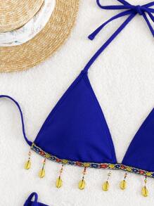 Beaded Decor Halter Triangle Summer Beach Bikini Set - Royal Blue - View 7