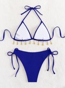 Beaded Decor Halter Triangle Summer Beach Bikini Set - Royal Blue - View 8