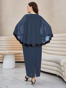 Modelyn Plus Contrast Sequin Split Hem Cape Dress - Navy Blue - View 2