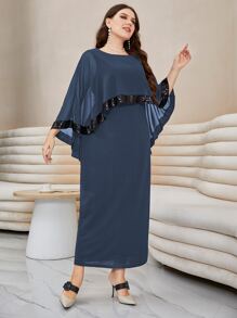 Modelyn Plus Contrast Sequin Split Hem Cape Dress - Navy Blue - View 3