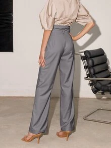 High Waist Plicated Detail Suit Trousers - Grey - View 2