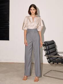 High Waist Plicated Detail Suit Trousers - Grey - View 4