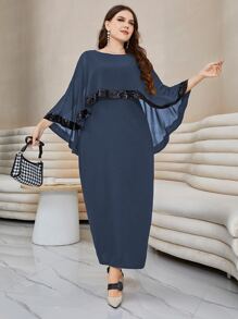 Modelyn Plus Contrast Sequin Split Hem Cape Dress - Navy Blue - View 5