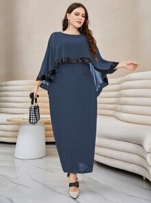Modelyn Plus Contrast Sequin Split Hem Cape Dress - Navy Blue - View 6