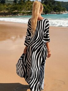 Zebra Striped Print Kaftan Plus Size Batwing Sleeve Cover Up Dress Summer 2025