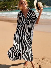 Zebra Striped Print Kaftan Plus Size Batwing Sleeve Cover Up Dress Summer 2025