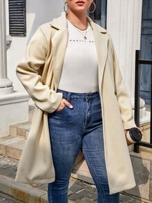 SHEIN EZwear Plus Lapel Neck Double Button Overcoat - Beige - View 3