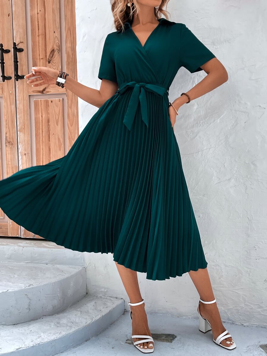 SHEIN LUNE Surplice Neck Pleated Hem Belted Dress - Dark Green - View 1