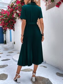 SHEIN LUNE Surplice Neck Pleated Hem Belted Dress - Dark Green - View 2