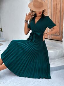 SHEIN LUNE Surplice Neck Pleated Hem Belted Dress - Dark Green - View 3