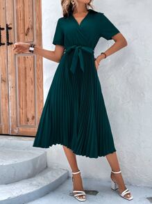 SHEIN LUNE Surplice Neck Pleated Hem Belted Dress - Dark Green - View 6