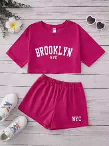 SHEIN Girls Letter Graphic Drop Shoulder Crop Tee & Shorts Set - Hot Pink - View 1