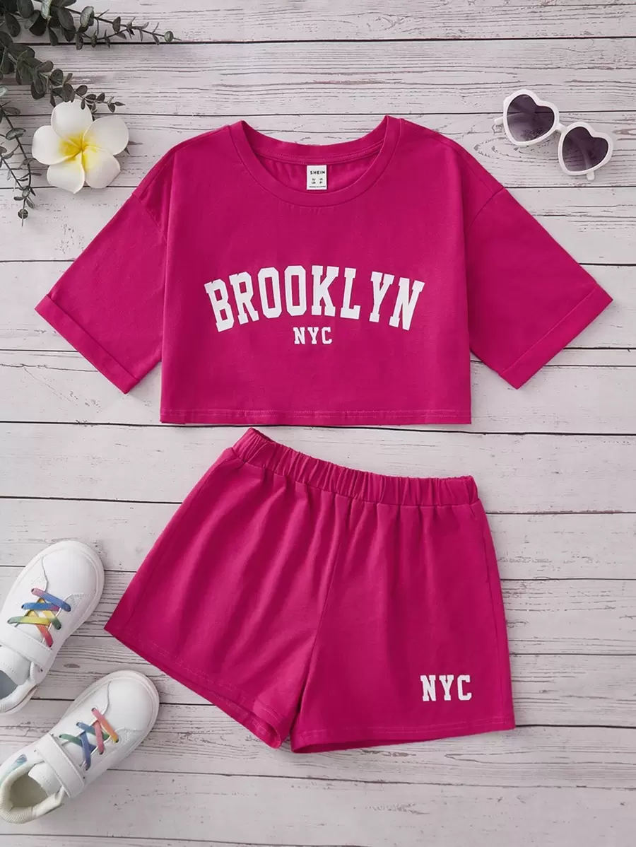 SHEIN Girls Letter Graphic Drop Shoulder Crop Tee & Shorts Set - Hot Pink - View 1