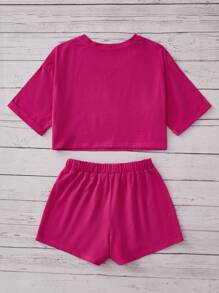 SHEIN Girls Letter Graphic Drop Shoulder Crop Tee & Shorts Set - Hot Pink - View 2