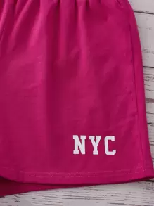 SHEIN Girls Letter Graphic Drop Shoulder Crop Tee & Shorts Set - Hot Pink - View 4
