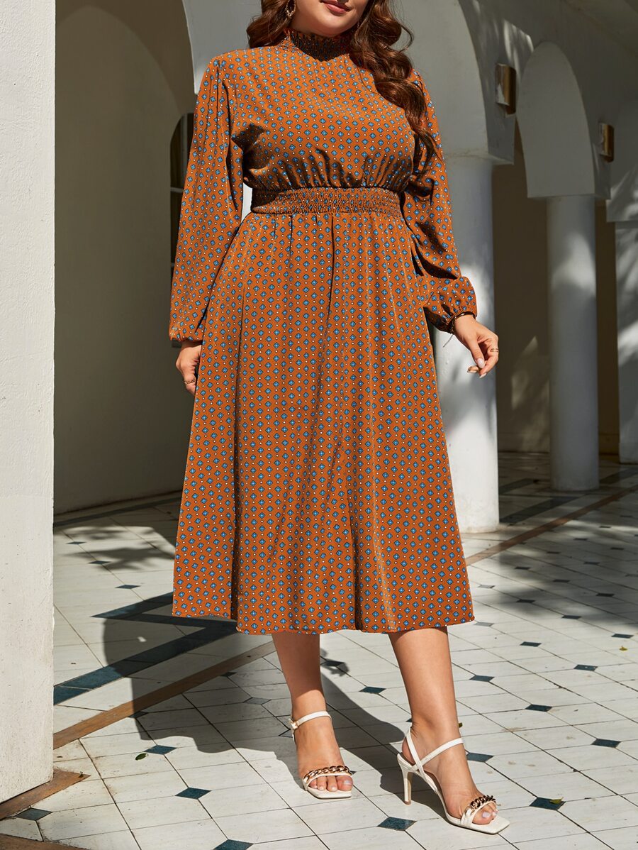 SHEIN Clasi Vestido con estampado de cintura fruncido ribete fruncido de cuello alto de manga farol - Multicolor - Ver 1