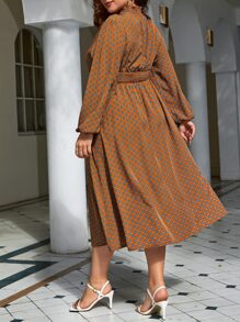 SHEIN Clasi Vestido con estampado de cintura fruncido ribete fruncido de cuello alto de manga farol - Multicolor - Ver 2