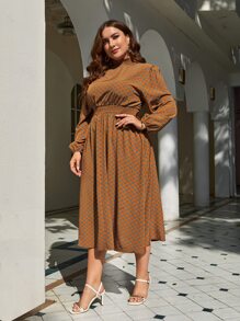 SHEIN Clasi Vestido con estampado de cintura fruncido ribete fruncido de cuello alto de manga farol - Multicolor - Ver 6