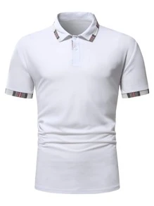 Manfinity Men Plaid Trim Polo Shirt - White - View 3