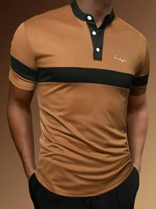 Manfinity Men Letter Graphic Colourblock Polo Shirt - Brown - View 8